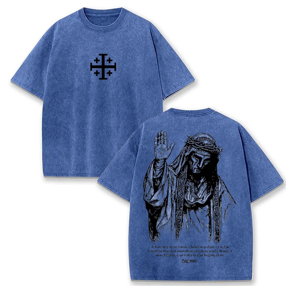 2026 Jesus mit Dornenkrone T-Shirt Vintage gewaschen Grau Grafik-T-Shirt Unisex Lässiges religiöses Oberteil