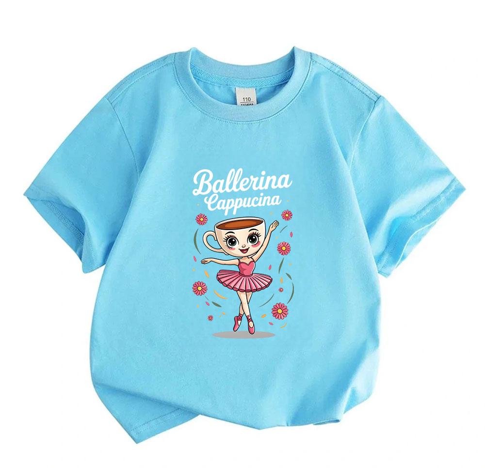 Kids Unisex 100% Cotton Crew Neck Short Sleeve T-Shirt, Cute Ballerina Cappuccina Coffee Cup Ballet Dancer Print Casual Soft Tee for Boys Girls