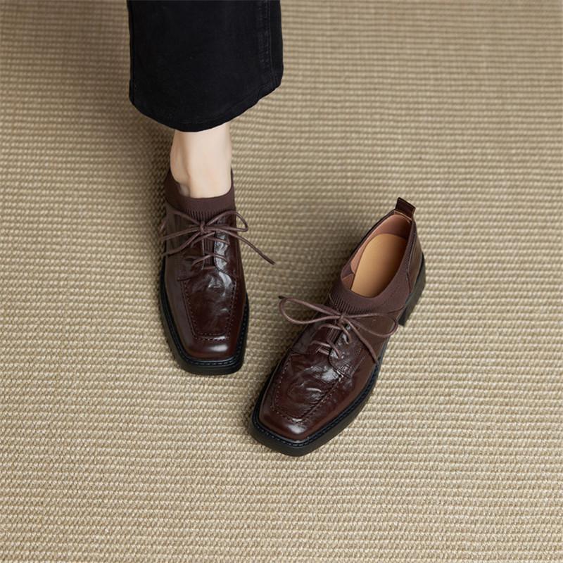 Fashion New Spring/autumn Genuine Leather Women Shoes Square Toe Loafers Shoes for Women Fashion Lace Chunky High Heels Women Pumps