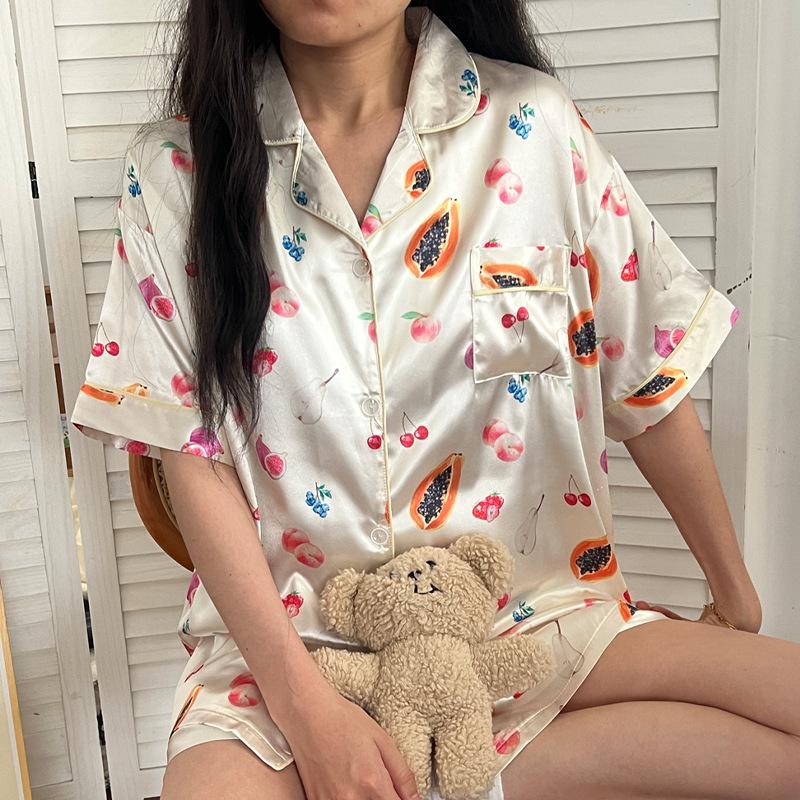 Sweet Girl Ice Silk Pajamas Women'S Summer Short-Sleeved Cardigan Fruit Paradise Printed Loungewear Set