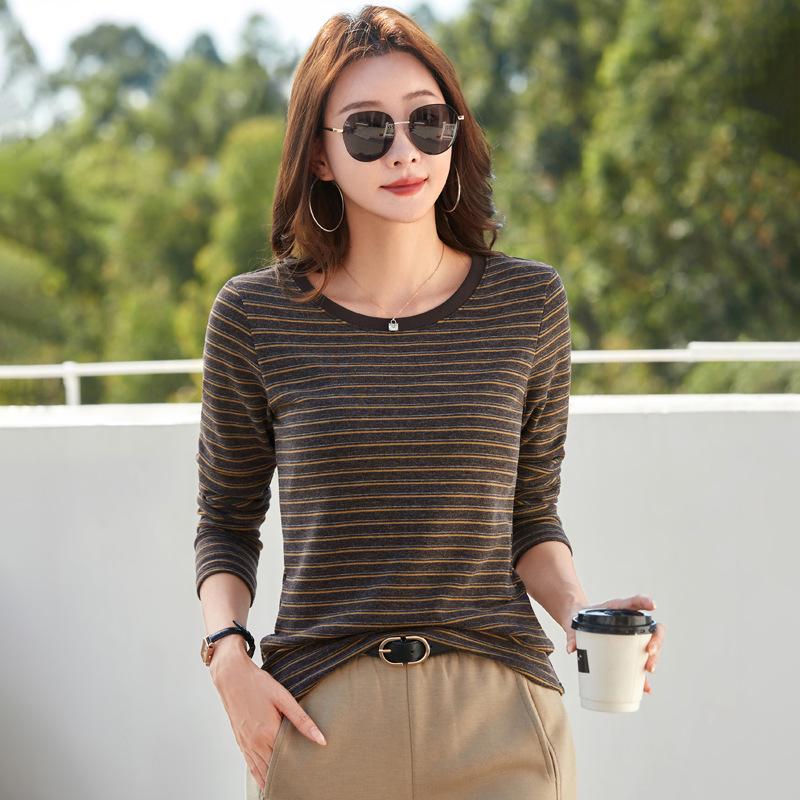 Korean Style Women's Slim Fit Striped Long Sleeve Round Neck T-shirt for Autumn/Winter