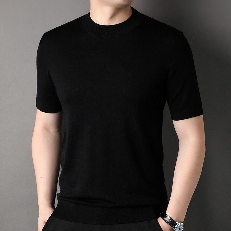 T-shirt Estiva da Uomo a Maniche Corte in Filato Pettinato Mercerizzato Versatile Moda Abbigliamento Maschile Collo Alto Mezzo Casual Base Top a Maglia