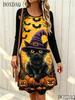 Rochii de Toamnă 2026 pentru Femei Casual cu Gât Rotund Mânecă Lungă Model Imprimat Pisică Dovleac Halloween Rochie Largă