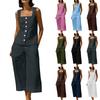 Women's 2-Piece Casual Sleeveless Button Top and Pants Set Linen Cotton Color Suit