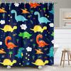 JAWO Dark Blue Cartoon Dinosaur Shower Curtain Kids, Cartoon Dinosaur Curtains Colorful Animals Plants for Boys Girls Polyester Fabric Shower Curtain