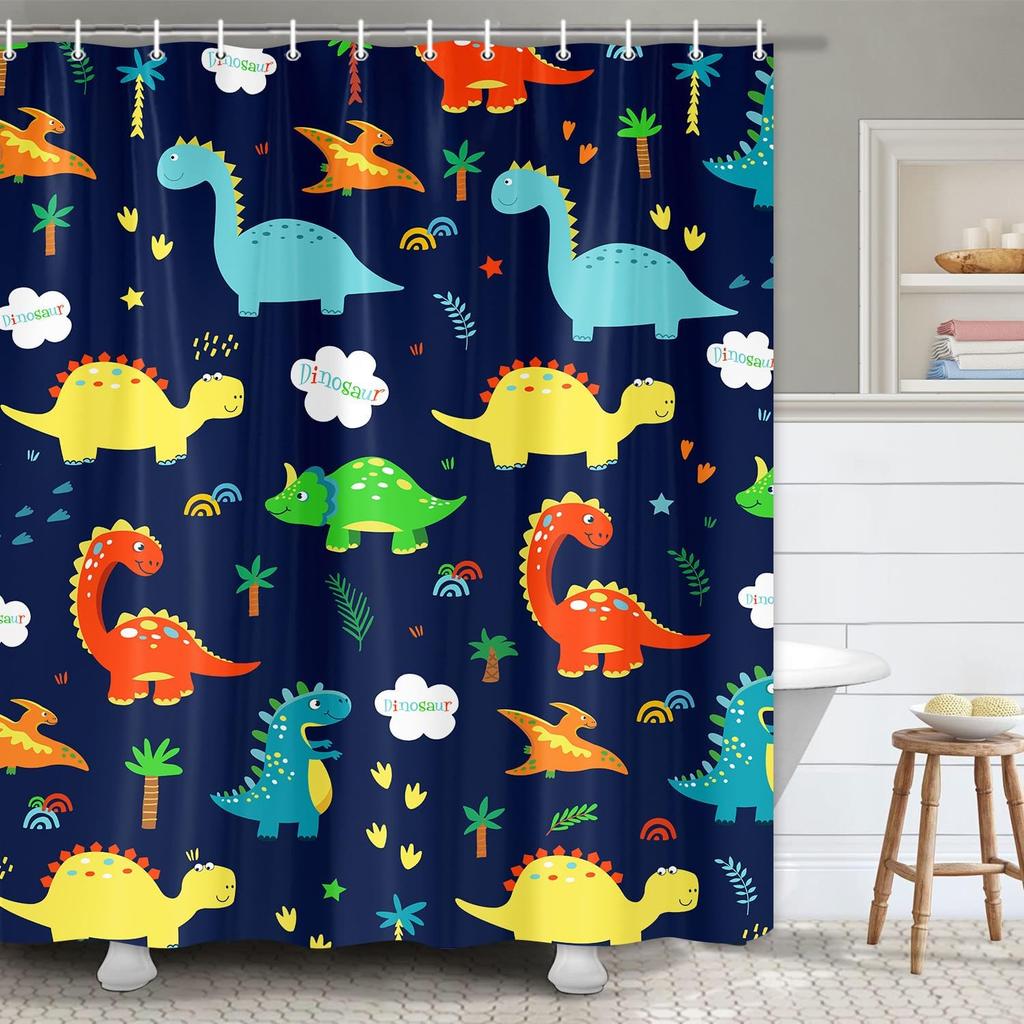 JAWO Dark Blue Cartoon Dinosaur Shower Curtain Kids, Cartoon Dinosaur Curtains Colorful Animals Plants for Boys Girls Polyester Fabric Shower Curtain