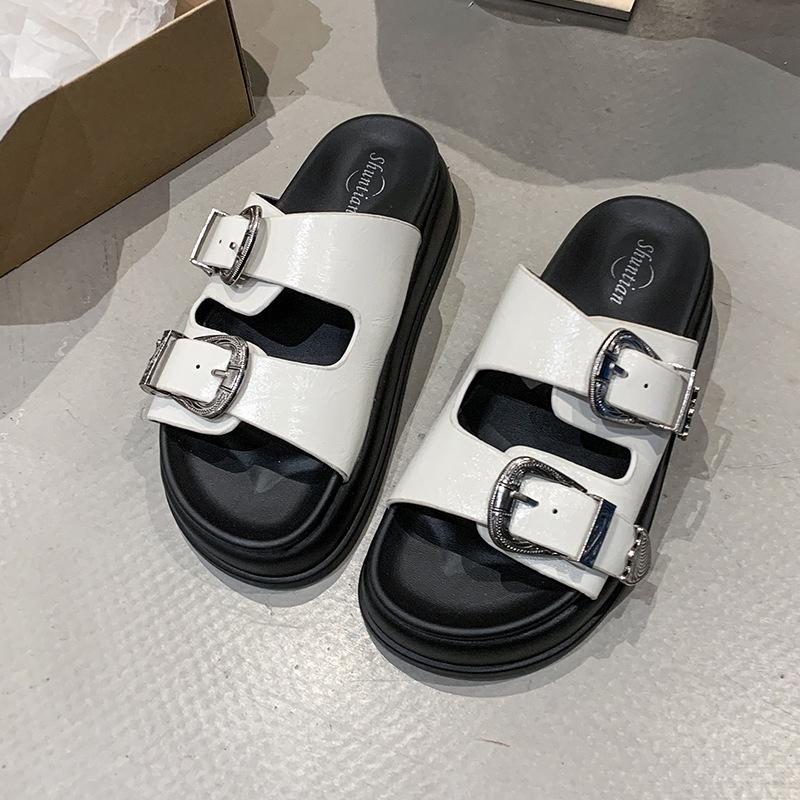 

2025 летние шлепанцы женская мода и досуг плоская подошва пляжные сандалии на одной перемычке пряжка платформа шлепанцы женская обувь 40