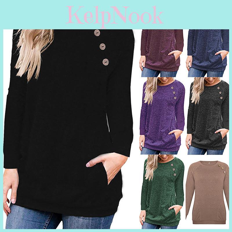 Casual Womens Ladies Long Sleeve Pullover Sweater Button Sweatshirt Tops Jumper
