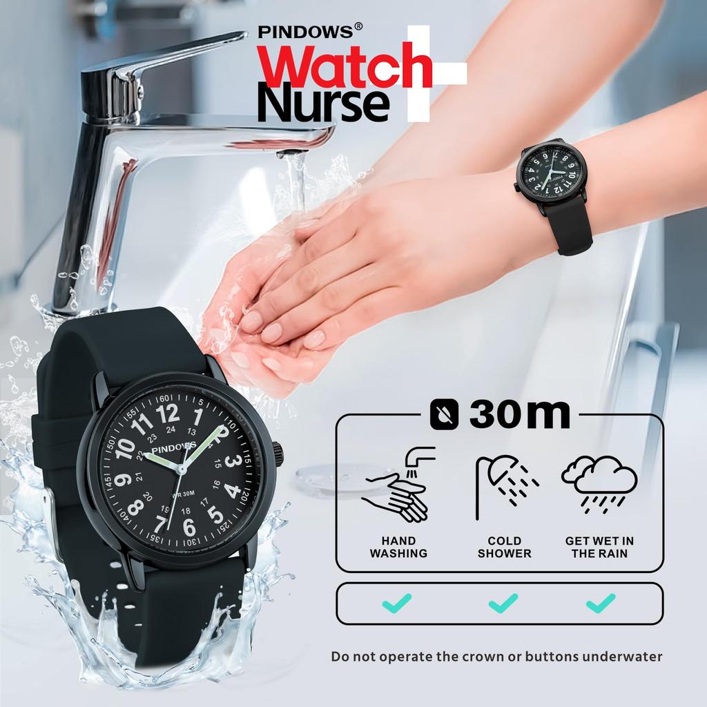 PINDOWS Unisex Analog Quartz Watch for 30m Water Military Time Luminous Dial for High Visibility Ladies' Watch, Ladies' Students, Resistant, Display,