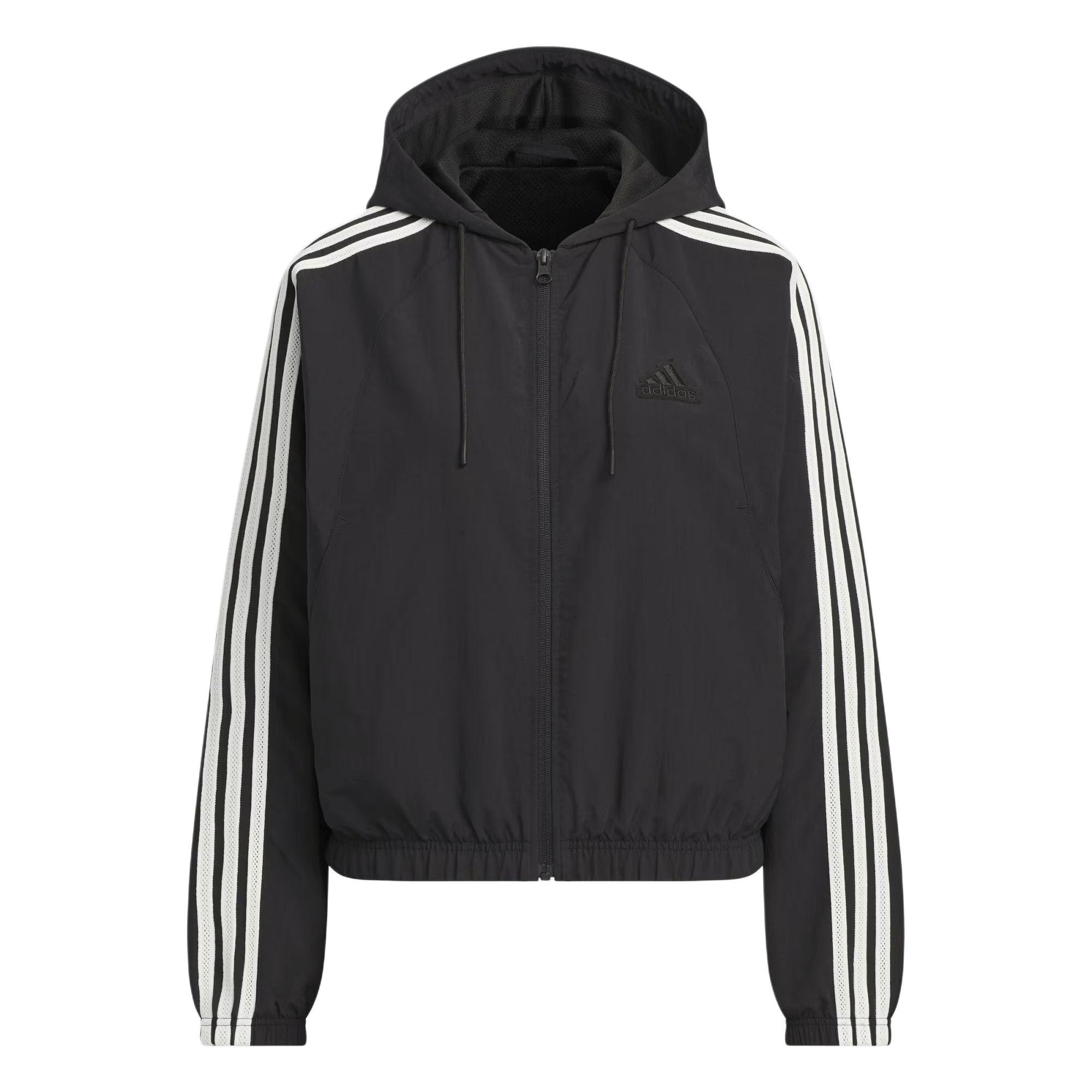 Adidas Essentials 3-Stripes Loose Fit Lightweight Hooded Track Jacket Women Black JN0757 L
