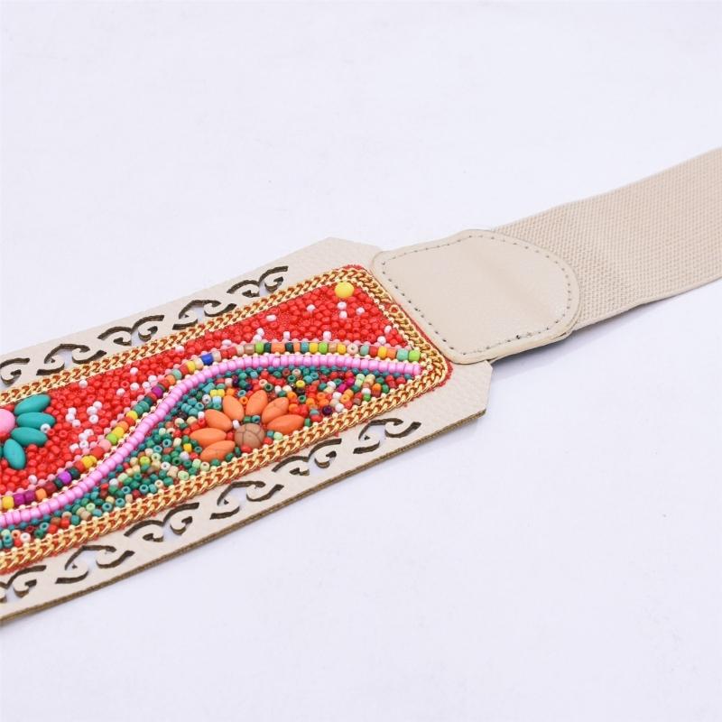 Bohemian Stretch Waist Belt Waistband with Ethnic Beads Accent Adjustable Wide Cinching Band for Dresses and Skirts