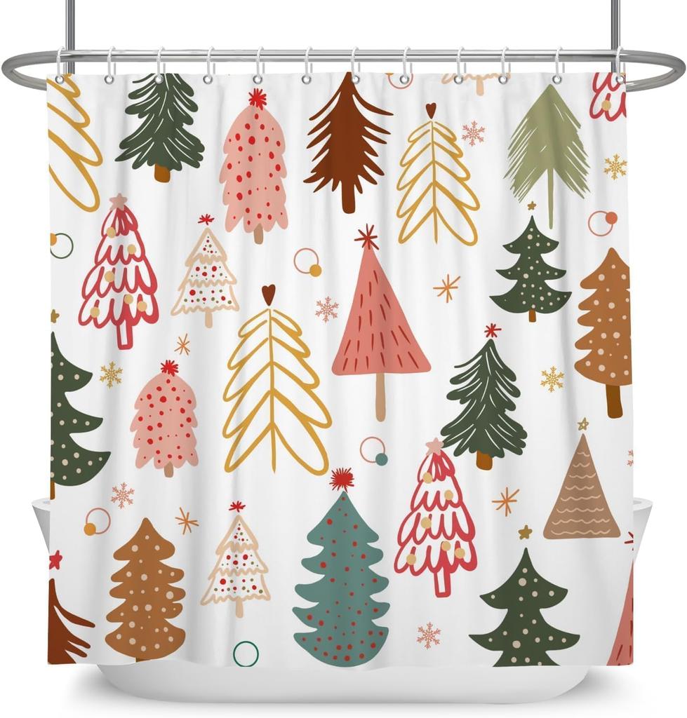 Abstract Boho Christmas Tree Shower Curtain with Mid-Century Snowflakes Design, Waterproof Bathroom Decor Set for Holiday Style
