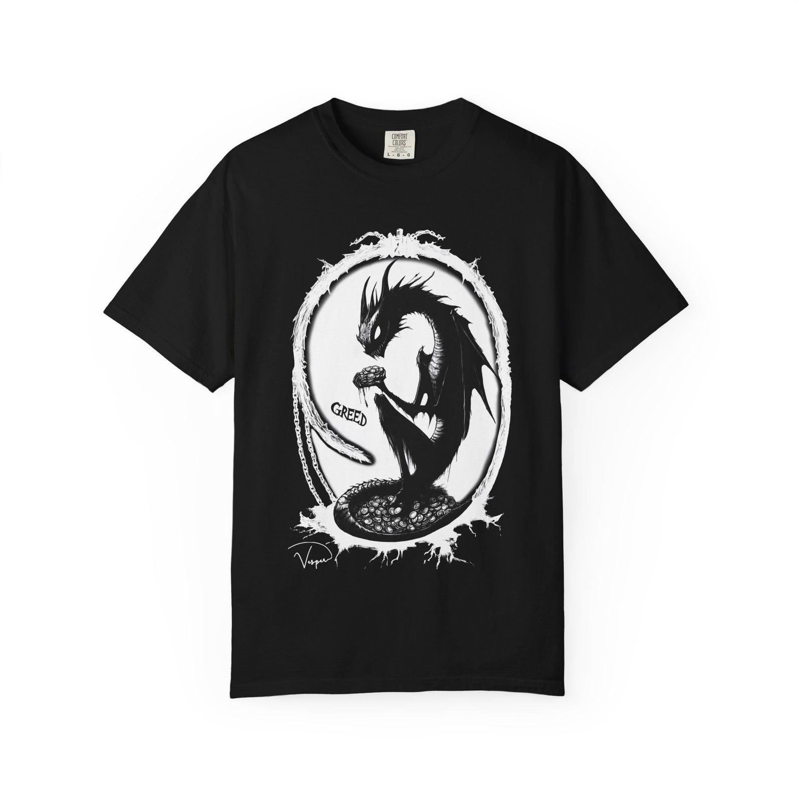 Seven Deadly Sins Greed Gothic Black T-Shirt | Dragon Hoard White Ink Tee | Occult Alternative Fashion Gift L