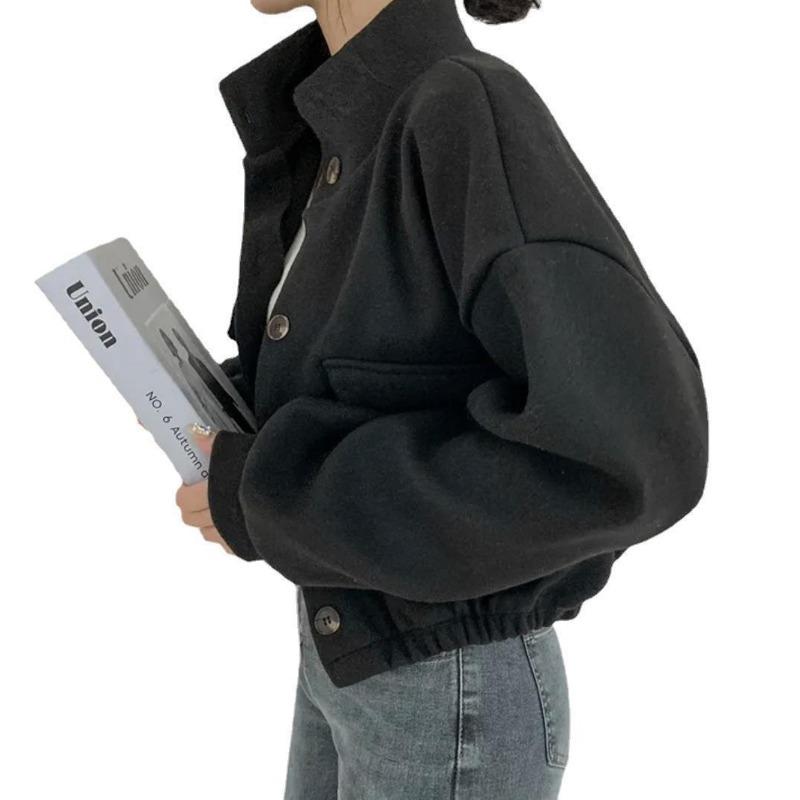 Autumn and Winter Fashion Stand-up Collar Women Short Coats Loose Casual Long Sleeve Office Shirt Ladies Elegant Simple Pockets Jackets Clothing
