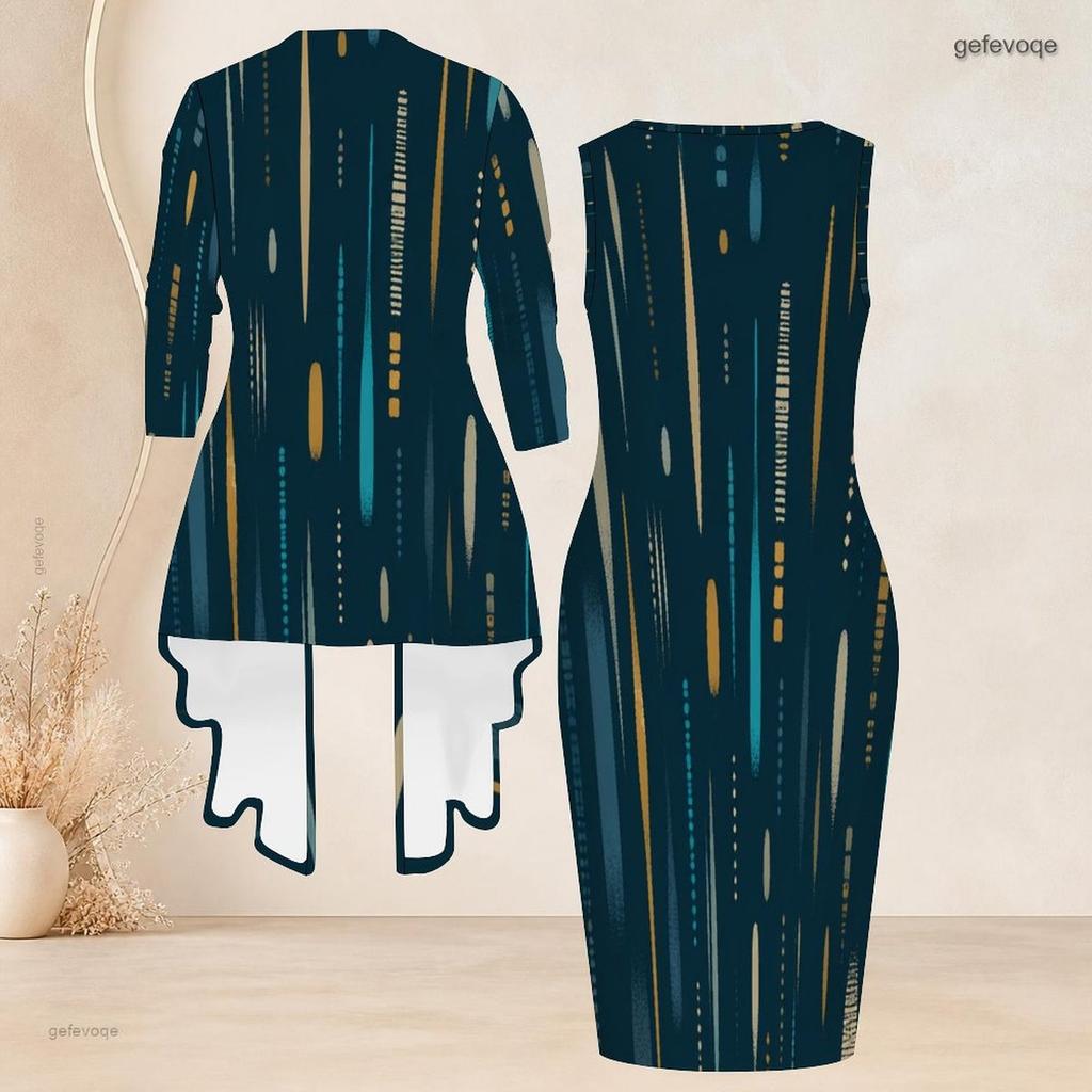 Women Plus Size Two Piece Set Abstract Printed Sleeveless Bodycon Dress And Three Quarter Sleeve Cardigan