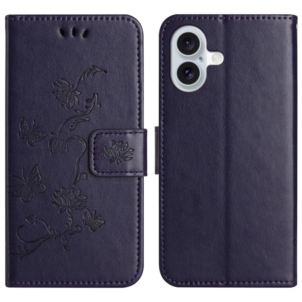 For iPhone 16 Plus Case PU Leather Wallet Phone Cover Butterfly Flower Pattern