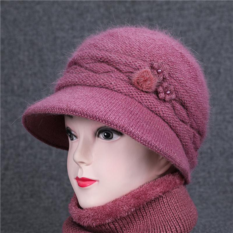 Mother Hat In The Elderly Autumn and Winter Rabbit Hair Knitted Pearl Pot Hat Women Thickened Winter Old Lady Wool Hat
