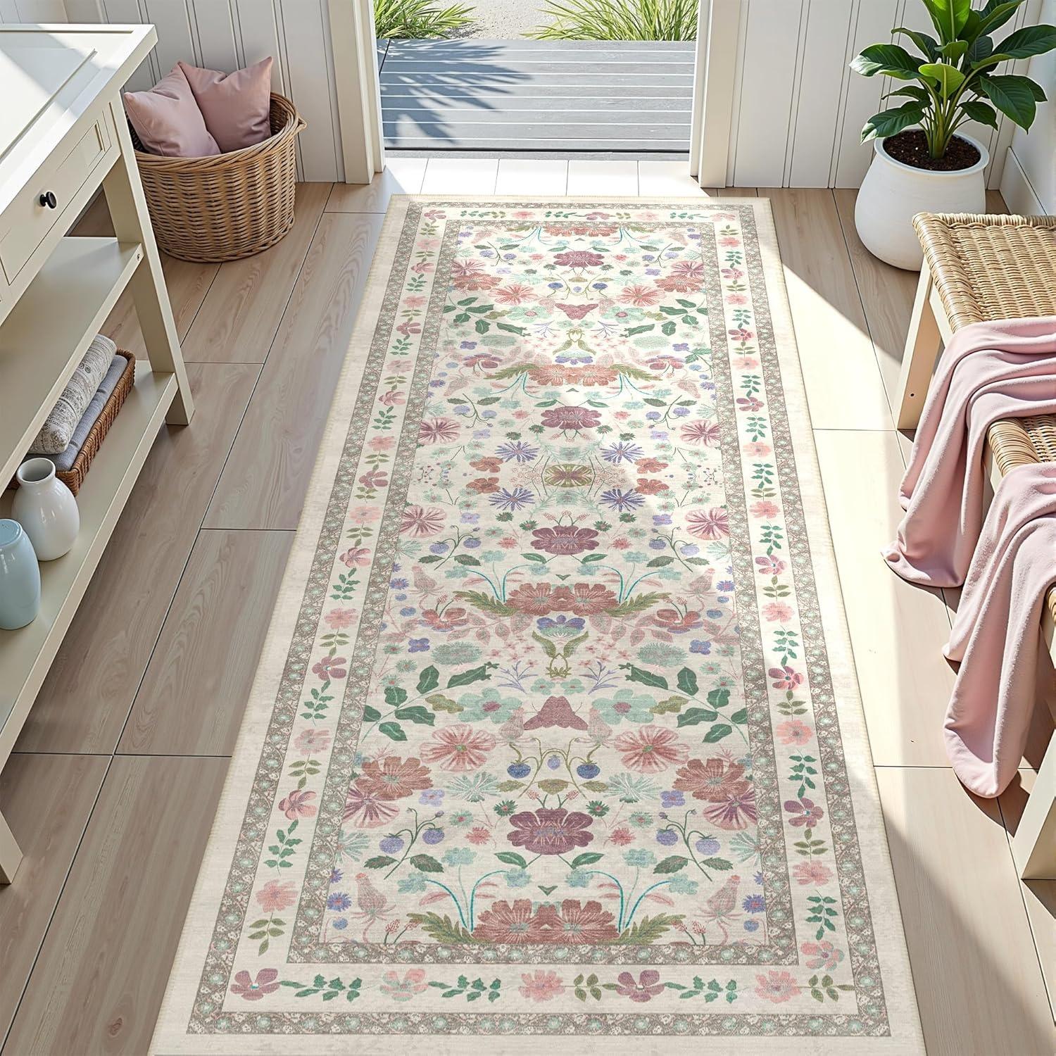 

Floral Hallway Runner Rug Soft Flower Botanical Long Carpet Bedroom Non-Slip Floor Mat Machine Washable Kitchen Home Decoration 100x240cm
