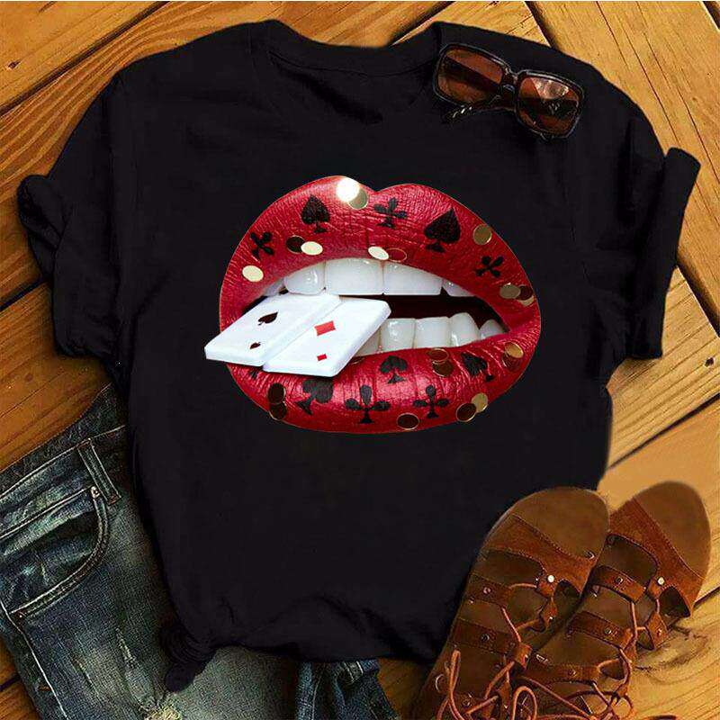 Lippen Reine Baumwolle Bedruckt Unisex und Damen Modetrend T-Shirt Sommer Neu Personalisiert Rundhals Locker Lässig T-Shirt
