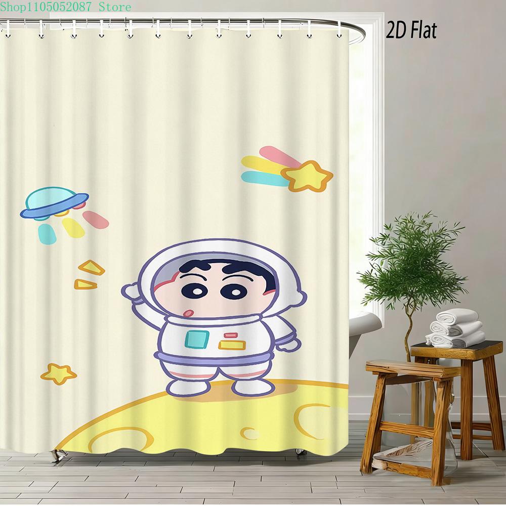 Crayon Shin-Chan All Characters Big Group Photo Scene 2D Print Waterproof Shower Curtain, Vibrant Blue Sky With Full Cast Bathro