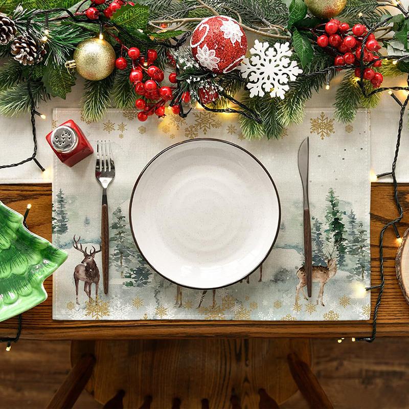 4Pcs Christmas Tree Elk Placemat Linen Dining Table Mats Coaster Bowl Coffee Cup Pad Mat 2025 Navidad Home Kitchen Decoration