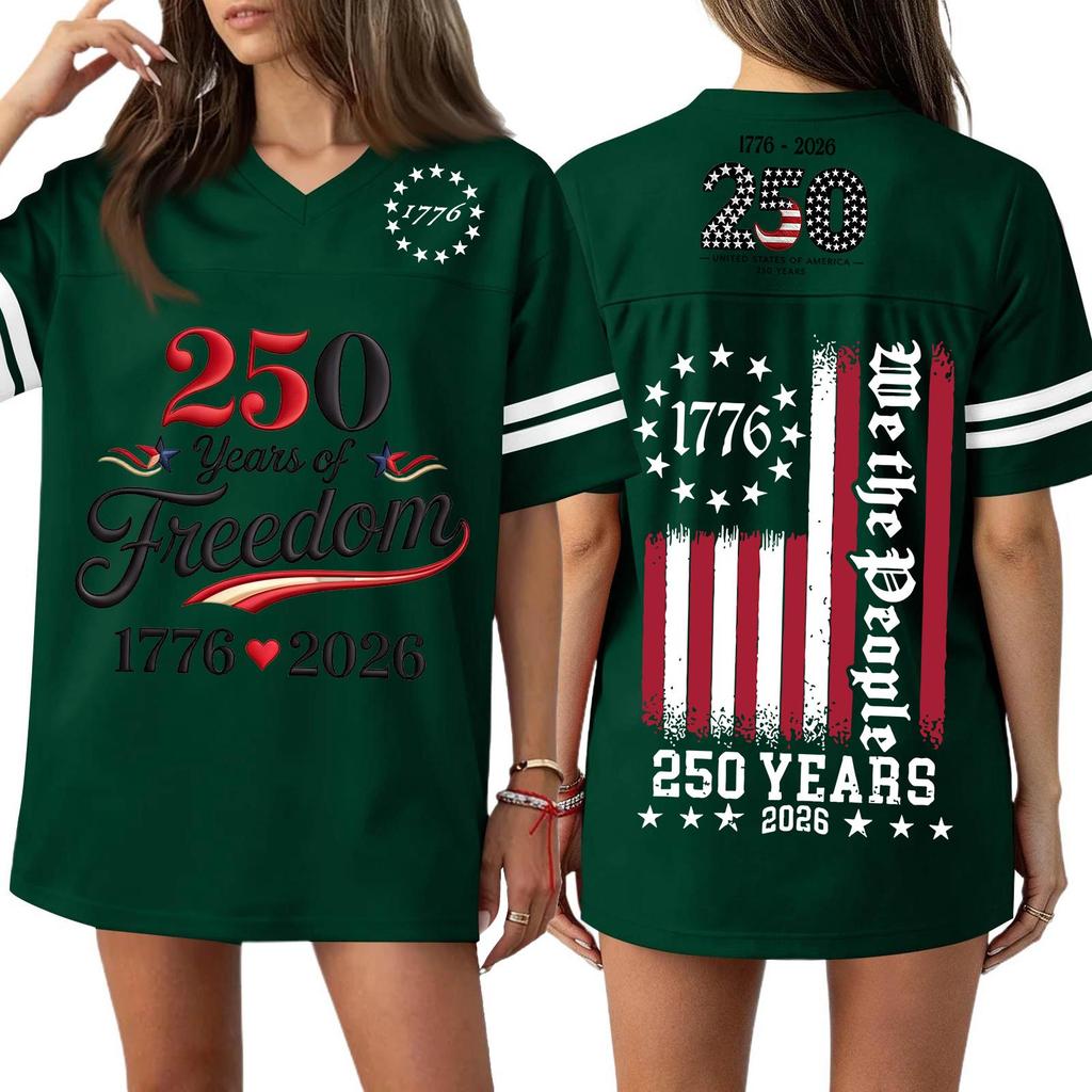 Women Casual V Neck Jersey Shirt 250 Years Anniversary Print Short Sleeve Athletic T Shirt Top for Independence Day Celebration
