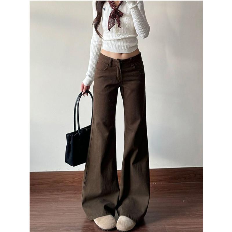 Coffee-colored slightly pulled jeans women's low waist loose wide legs do not stick to the legs flared pants women's slightly pulled thin pants