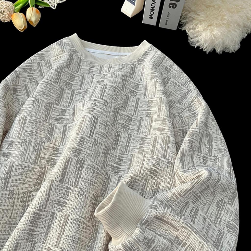 Waffle Composite Is Really Over 460 Grams, Sweater Men's Same Autumn and Winter Geometric Plaid Loose Round Neck Velvet.