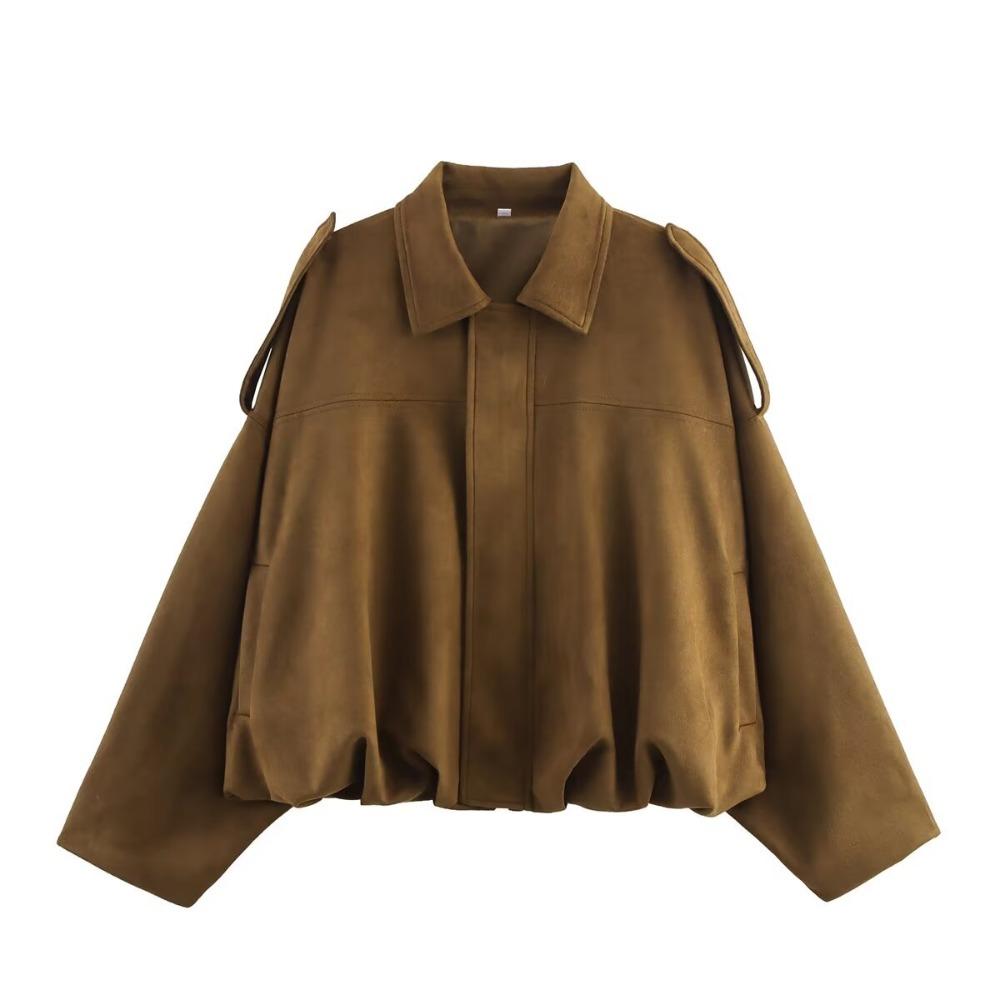 Women's Polo Neck Long Sleeve Bomber Jacket Loose Fit Streetwear Outerwear Suede Texture Coat