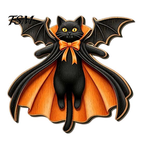 Halloween Door Sign Black Cat Ghost Sign, Decorative Plaque, Wooden Hanging Entrance Ornaments Vintage Rustic Decor with Jute Rope, Seasonal Wall Art