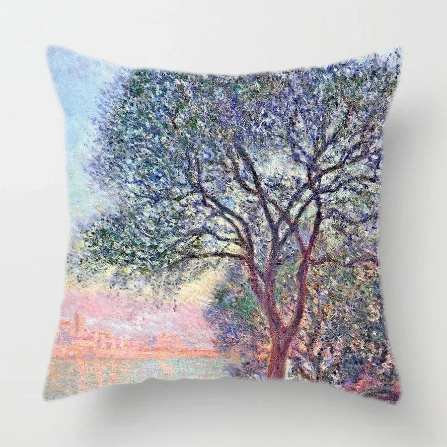 Claude Monet Polyester Printing Cushion Cover Sofa Landscape World Famous Oil Painting Throw Decorative Pillow Case Home Decor