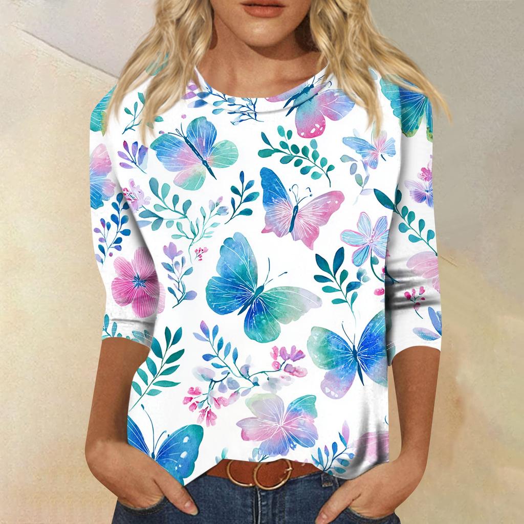 Women Casual Round Neck Three Quarter Sleeve Floral Print T Shirt Top Lightweight Soft Fabric Comfortable Fit Spring Summer Wear