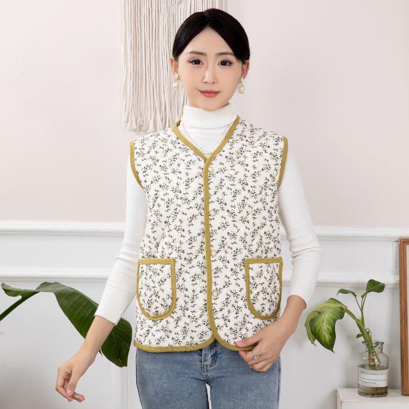 Women's V Neck Sleeveless Vest Regular Fit Vintage Floral Print Quilted Waistcoat