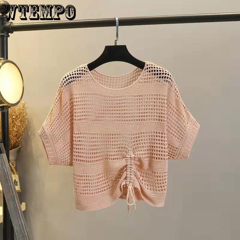 WTEMPO Summer Knitted Cardigan Women's Hollow Thin T-Shirts Loose V-Neck Short Sleeve Knitted Vests Short Tops
