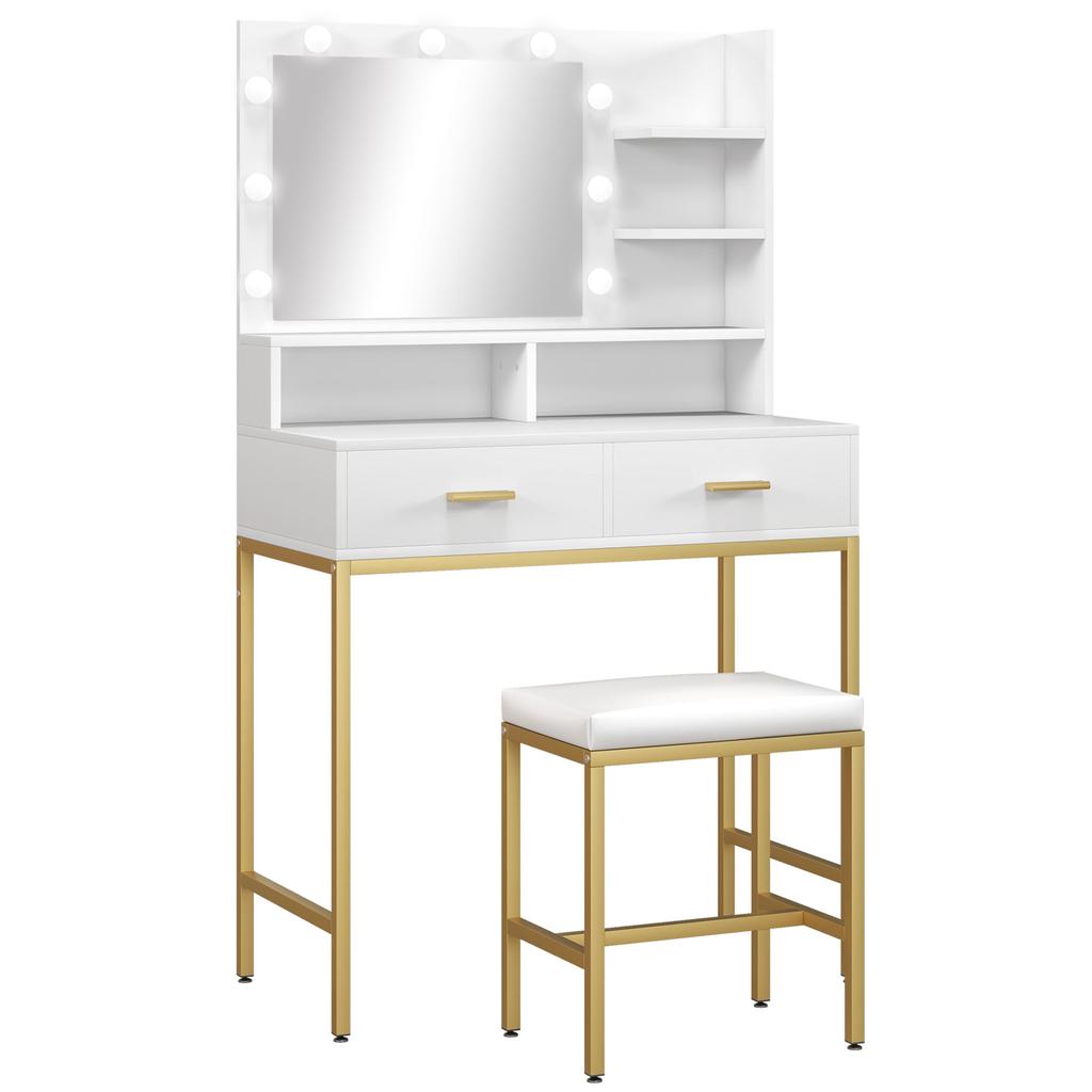 Schminktisch mit Spiegel, 2 Schubladen, 5 Regalen und Hocker, aus MDF und Spanplatte, 80x40x138 cm, Weiß