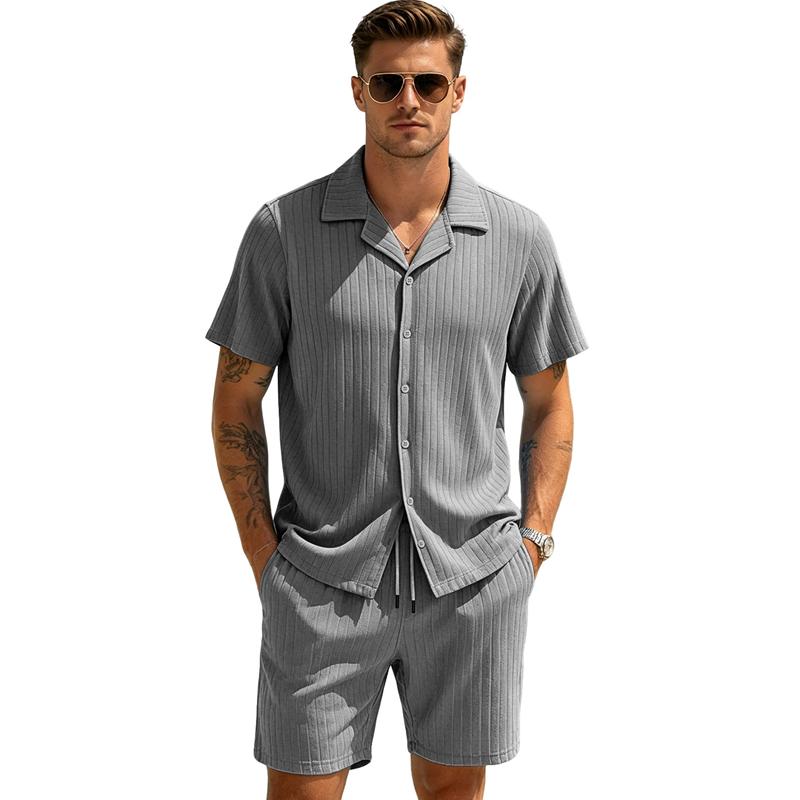 Set da Spiaggia Estivi da Uomo Tuta Casual da Strada Set Due Pezzi per Sport all'Aperto Camicia a Bottoni Liscia Pantaloncini con Coulisse Abbigliamento Sportivo