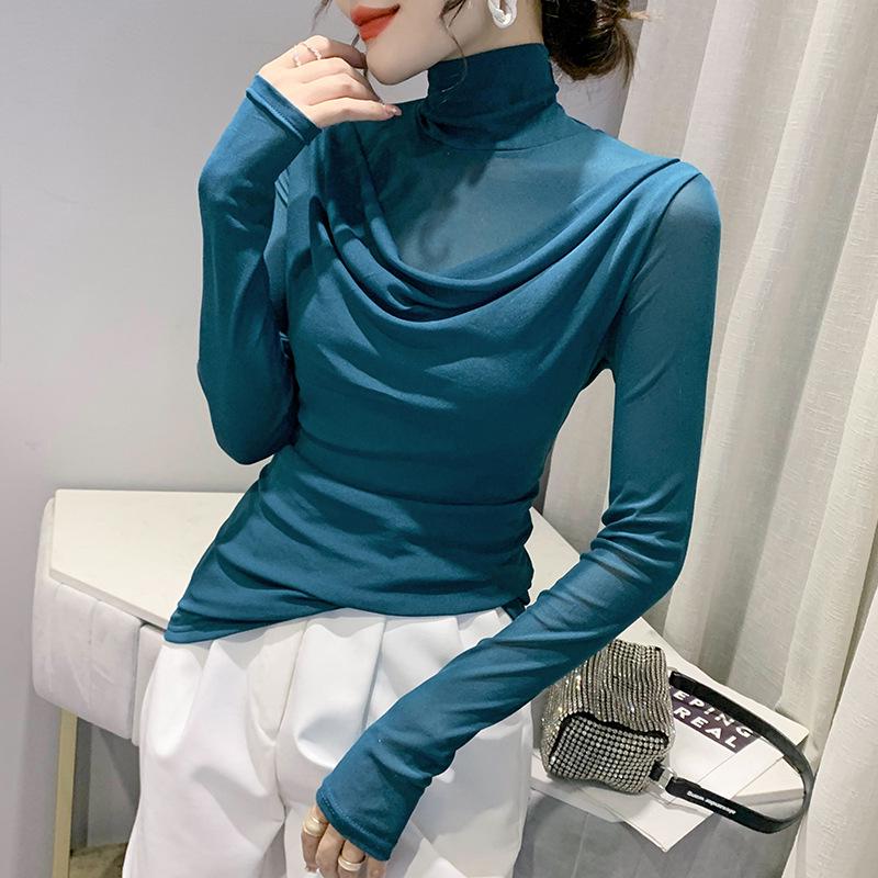 European High Neck Mesh Long Sleeve Top - Women's Slim Fit Autumn Shirt