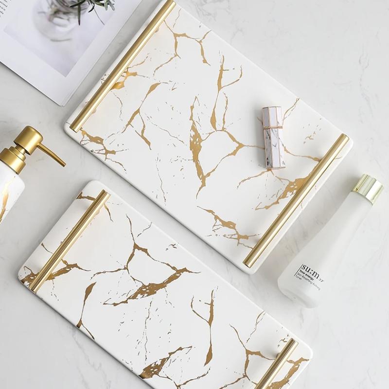 Imitation marble textured ceramic tray Skincare products, jewelry storage tray Dressing table storage ornaments Bathroom tray