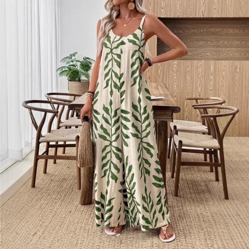 

2026 Повседневный женский комбинезон с принтом на бретельках без рукавов, длинные брюки - Европейский и американский стиль Extra Large зелёный