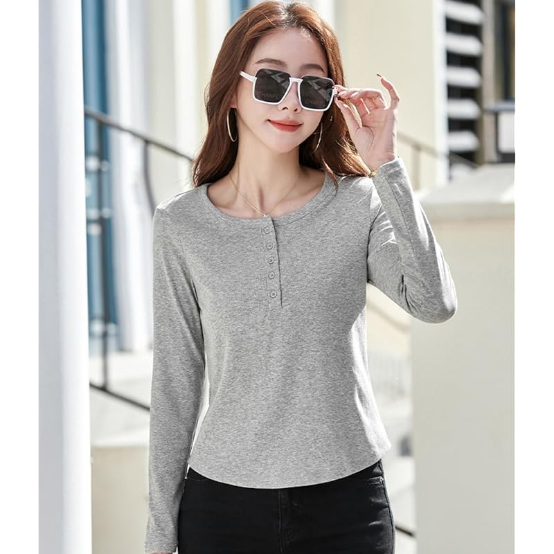 [JHIJSC] t-shirt ladies long sleeve spring cotton tight Plain color Fashionable cute big size (JP, alphabet, L, gray)