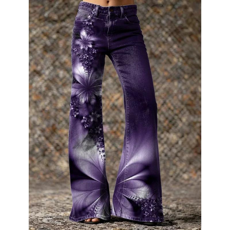 European and American cross-border independent station Bohemian women s casual straight wide-leg 3D digital printing twill jeans S