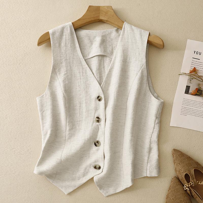 Women's Summer V-Neck Linen Vest - Solid Color, Sleeveless, Slim Fit Tank Top