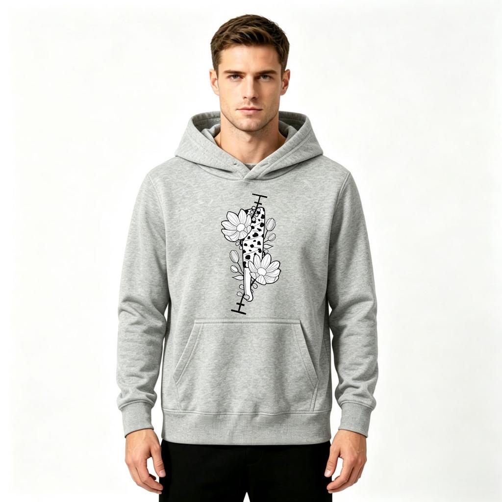 Men's Cow Print Daisy Floral Graphic Pullover Hoodie Casual Long Sleeve Hooded Sweatshirt