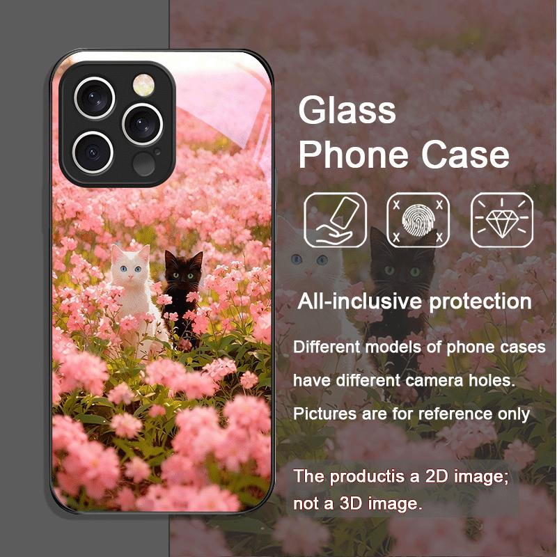 

Чехол из закаленного стекла с принтом мультяшного кота и цветами сакуры для IPhone 17 16 Pro Max 15 13 12 Mini 11 14 7 Plus Розовый цветочный чехол iPhone17 Pro Max
