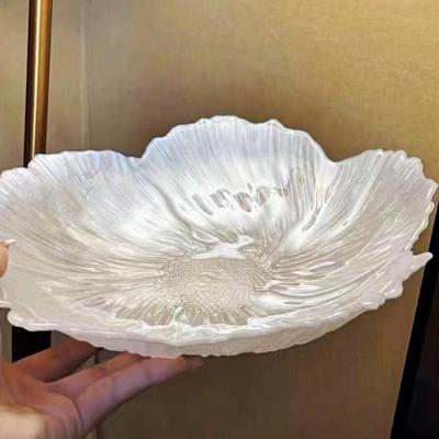 Nordic Style Flower Shape Fruit Plate Household Crystal Glass Pearlescent White Snack Storage Plate Large Capacity