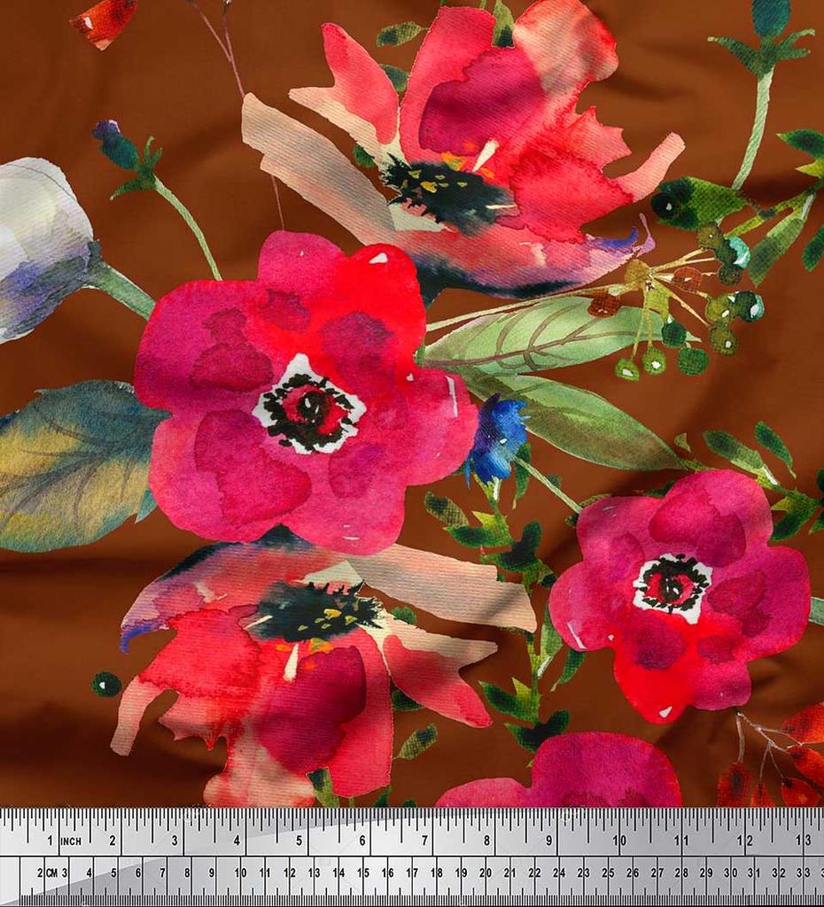 Soimoi Japan Crepe Satin Fabric Leaves & Poppy Flower Print Sewing Fabric Metre 42 Inch