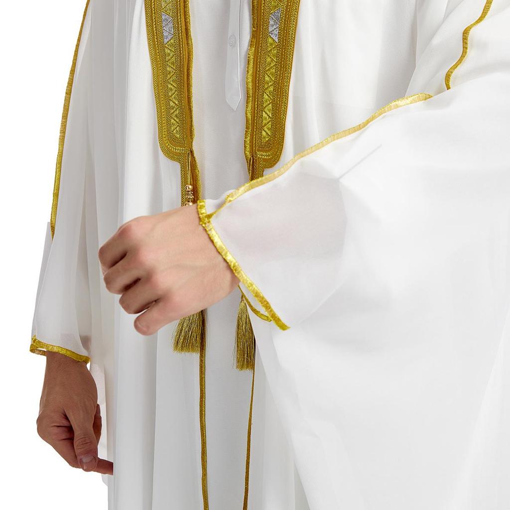 Men's Embroidered Chiffon Robe, TH834 - Long-Sleeved Arabic Tassel Design with Gold Beads