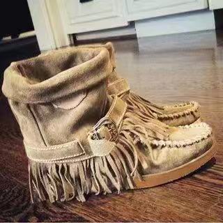 Women Ankle Boots Ladies Suede Shoes Tassel Single Boots Pop Tide Silp-On Boho Boots Women Flat Shoes Cowboy Shoes Short Boots