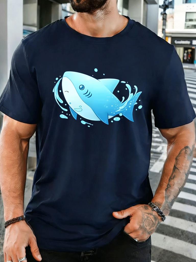 Cute Blue Shark With Water Splash Unisexs Front Print T Shirt Sea Animal Graphic Tee Casual Short Sleeve Top Ocean Lover Gift
