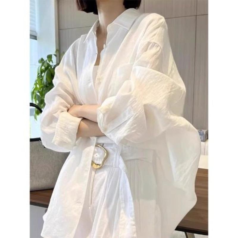 White cotton and linen sunscreen shirt women s summer loose casual top lazy style thin jacket linen slightly transparent shirt L белый